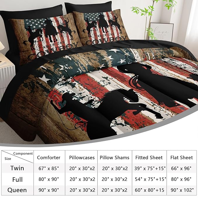 AILONEN Western Cowboy Comforter Set Full Size,7-Piece Rodeo Cowboy Riding Bull Bed in a Bag,United States Retro Country Style Comforter & Fitted Sheet & Flat Sheet & 2 Pillowcases,Soft Microfiber