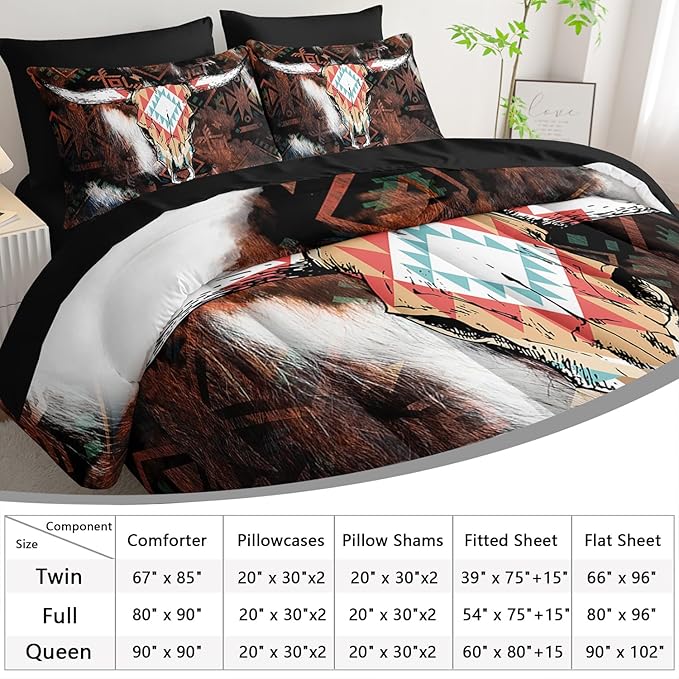 AILONEN Bull Skull Comforter Set Queen Size,7-Piece Cattle Cowhide Cow Print Bed in a Bag,Western Cowboy Comforter & Fitted Sheet with Flat Sheet & 2 Pillowcases,2 Pillow Shams for Bedroom