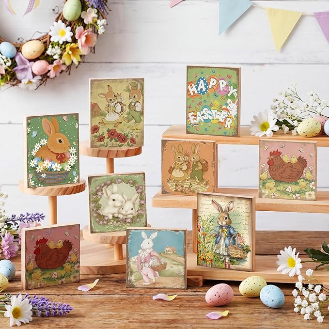 Wenqik 8 Pcs Vintage Easter Decorations Retro Bunny Wooden Sign Easter Table Centerpiece Tiered Tray Decor Bunny Ornaments Cute Spring Chicks Decor for Home Tabletop Desk Shelf Office Farmhouse
