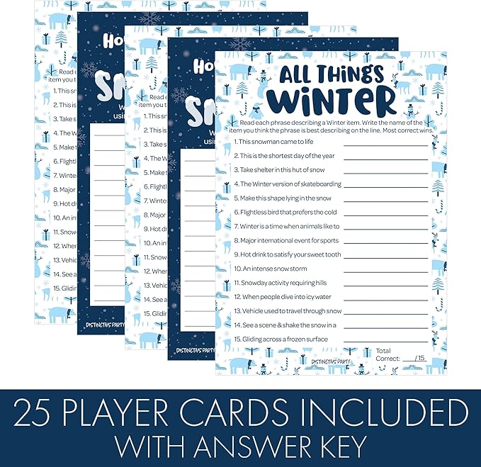 DISTINCTIVS Winter Holiday Party Bundle All Things Winter Trivia Guessing Game & Snowflakes Anagram Word Game - 25 Dual Sided Cards for Players