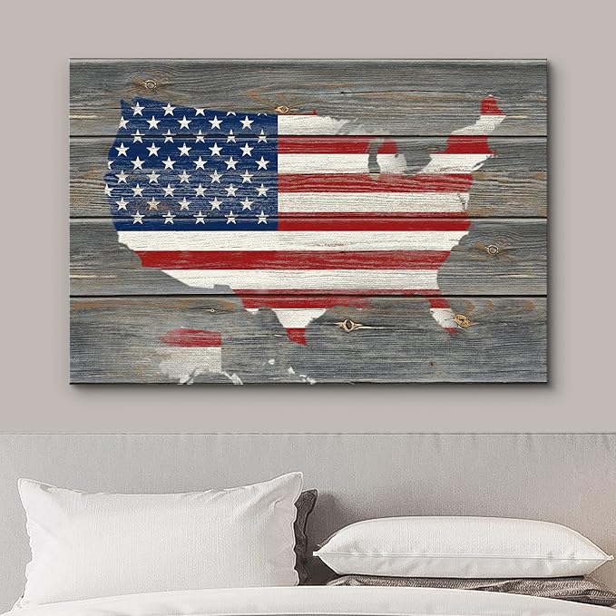 wall26 Canvas Print Wall Art American Flag Over United States Map on Wood Panel Architecture & Maps Cultural Illustrations Modern Art Traditional Multicolor for Living Room, Bedroom, Office - 32"x48"