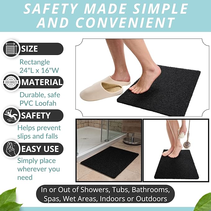 ENKOSI Loofah Non-Slip Shower and Bath Mat - Soft Cushioned Comfort - No Suction Cups for Smooth or Textured Tubs - Fast Draining - Safety for Bathroom, Family, Kids, and Elderly (24x16 Black)
