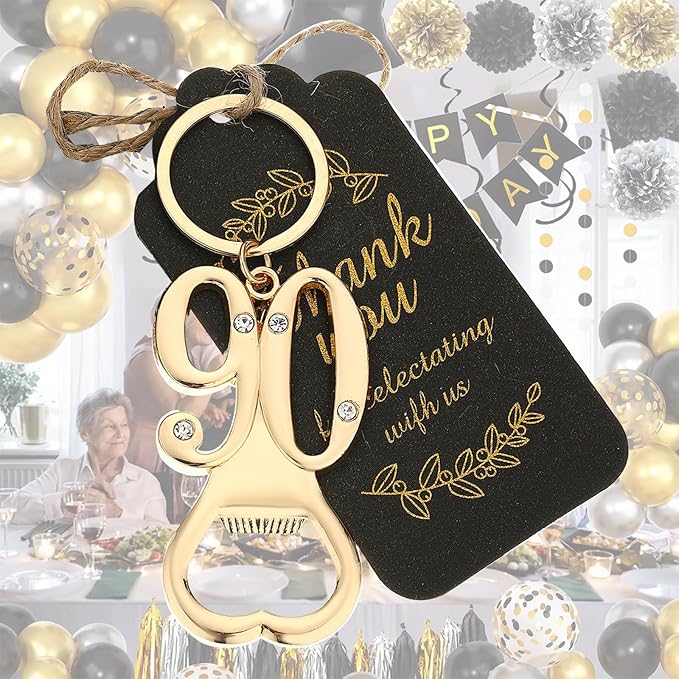 24 pcs 90th Gold Keychain Bottle Opener Birthday Party Favors for Guests,90th Beer Bottle Opener Favors Bulk for Birthday Anniversary Souvenirs Party Decor Supplies (Gold 90th)