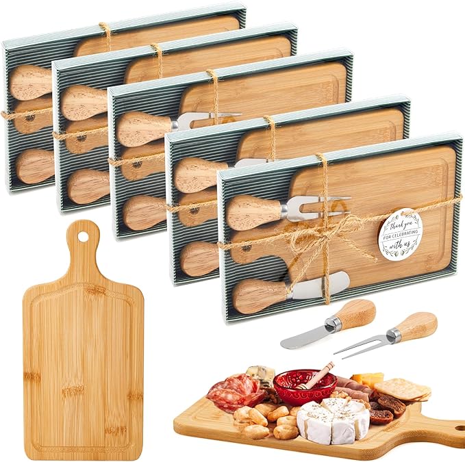 5 Sets Bridal Baby Shower Cheese Prizes Wooden Square Board Gift Set Knives Forks Thank You Tags with Box for Guests for Valentines Bridal Baby Shower Housewarming (Bamboo Color)