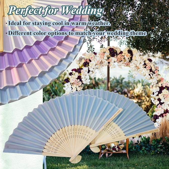 Personalized Engraved Silk Fans Folding Hand Fans 40 Pcs, Light Blue Summer Wedding Fans, Custom Imitated Silk-Bamboo Fans for Guests Wedding Party Favor Bridal Shower Gifts Party Decoration