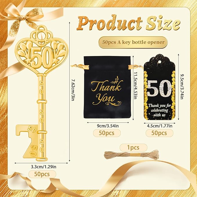 50Pcs 50th Gold Key Bottle Opener 50th Birthday Party Favors, 50th Anniversary Souvenirs Return Gifts 50th Key Beer Bottle Opener With Thank You Cards For Party Birthday Wedding Shower (50)
