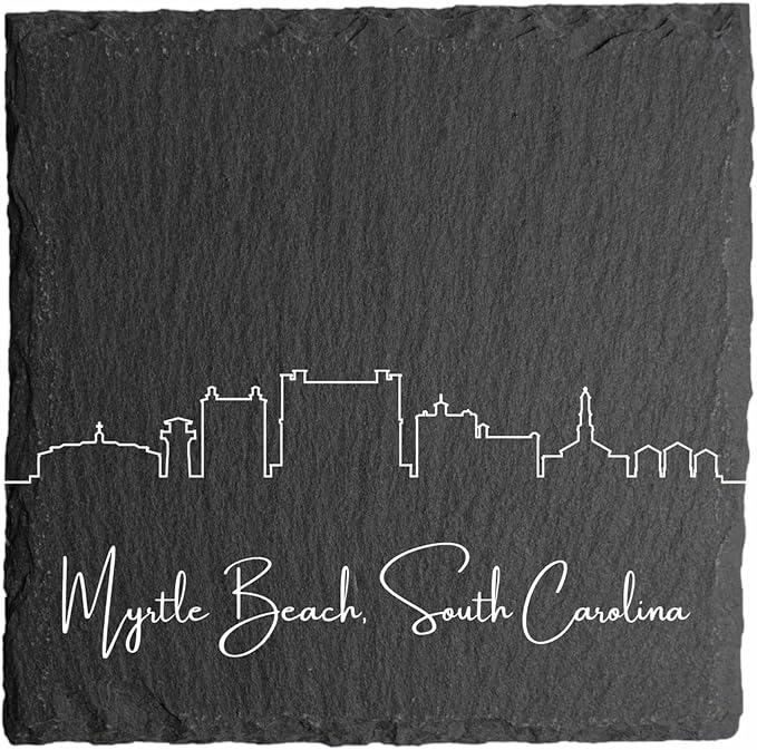 Blue Ridge Mountain Gifts - Myrtle Beach SC Skyline Coasters, Set of 4 - Myrtle Beach South Carolina Souvenir, Slate Coasters with Minimalist Skyline, Housewarming Gift for Friends & Neighbors