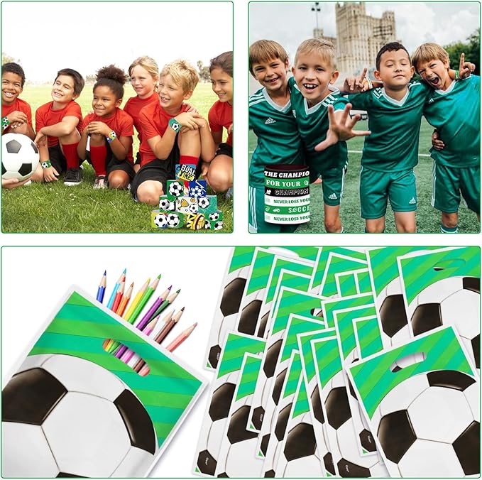 Soccer Party Favors 244 Pcs Soccer Birthday Party Decorations With Goodie Bags Wristbands Stickers Keychains Stamps Slap Bracelets Badges for Soccer Party Supplies (Soccer)