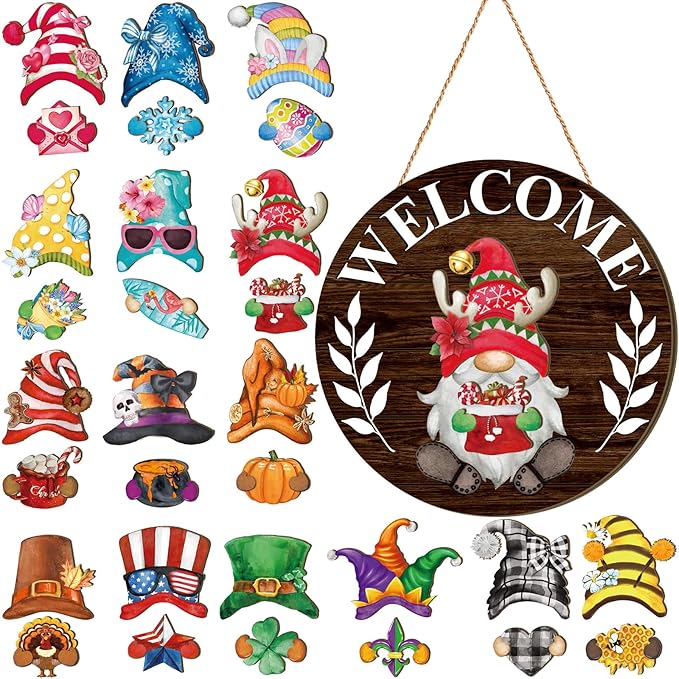 Qunclay Interchangeable Wooden Gnome Decor Holiday Seasonal Gnome Decorations with Magnet Pieces and Detachable Hats Changeable Welcome Sign for Home(Dark Brown)
