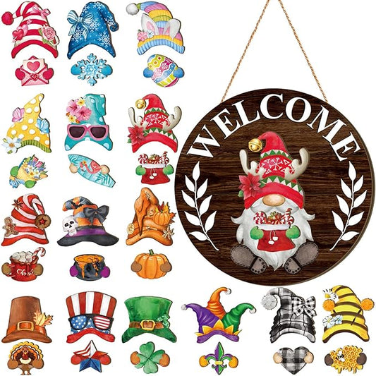 Qunclay Interchangeable Wooden Gnome Decor Holiday Seasonal Gnome Decorations with Magnet Pieces and Detachable Hats Changeable Welcome Sign for Home(Dark Brown)
