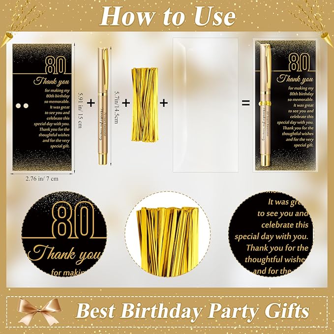 30 Set 80th Birthday Party Favor for Guest Anniversary Party Favor with Black and Gold Ballpoint Pens and Thank You Cards for Women Men Birthday Anniversary Appreciation Gifts