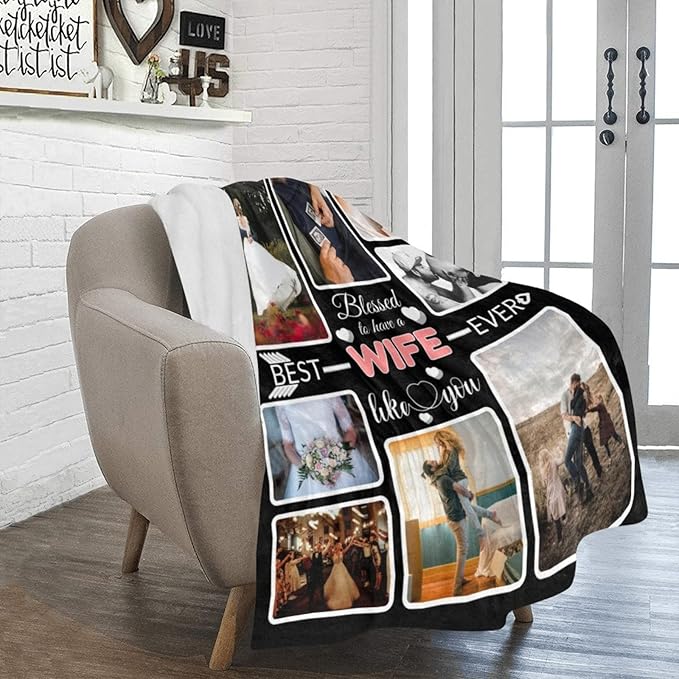 Custom Blanket Gifts with Photos, Personalized Bed Throws for Best Wife, Custom Souvenir Throw Blanket, 8 Collages Made in USA