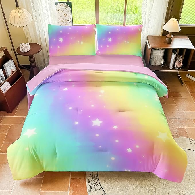 Rainbow Bedding Set Full Size – 5 Piece Reversible Girls Comforter with Deep-Pocket Sheet, Gradient Galaxy Design, Whole-Piece Filling, Machine Washable Bed-in-a-Bag for Kids Room Makeover & Gifts