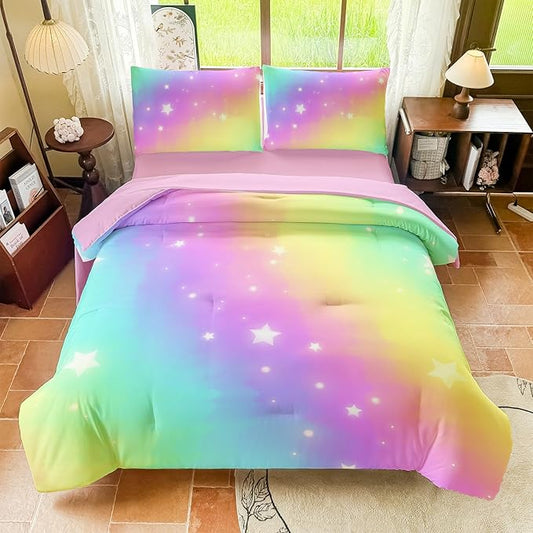 Rainbow Bedding Set Full Size – 5 Piece Reversible Girls Comforter with Deep-Pocket Sheet, Gradient Galaxy Design, Whole-Piece Filling, Machine Washable Bed-in-a-Bag for Kids Room Makeover & Gifts
