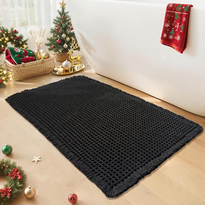 Black Bathroom Rug - Waffle Bath Mat Non Slip Washable, Super Absorbent & Quick Dry, Small Boho Bath Mat Farmhouse Bathroom Decor, 18'' x 30'', Black