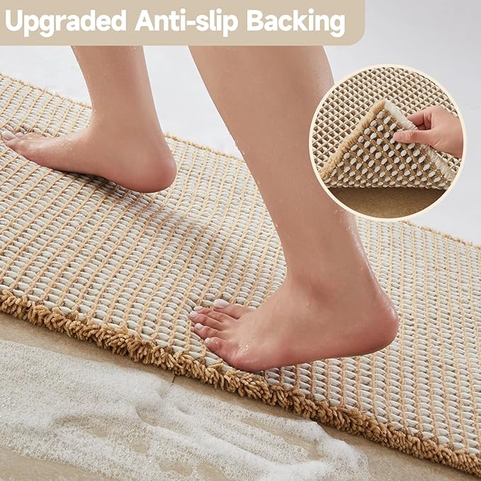 Waffle Bath Mat, Boho Bathroom Rugs Non Slip Washable Super Absorbent Quick Dry Bath Mat Farmhouse Bathroom Decor, 48"x24" Khaki and White