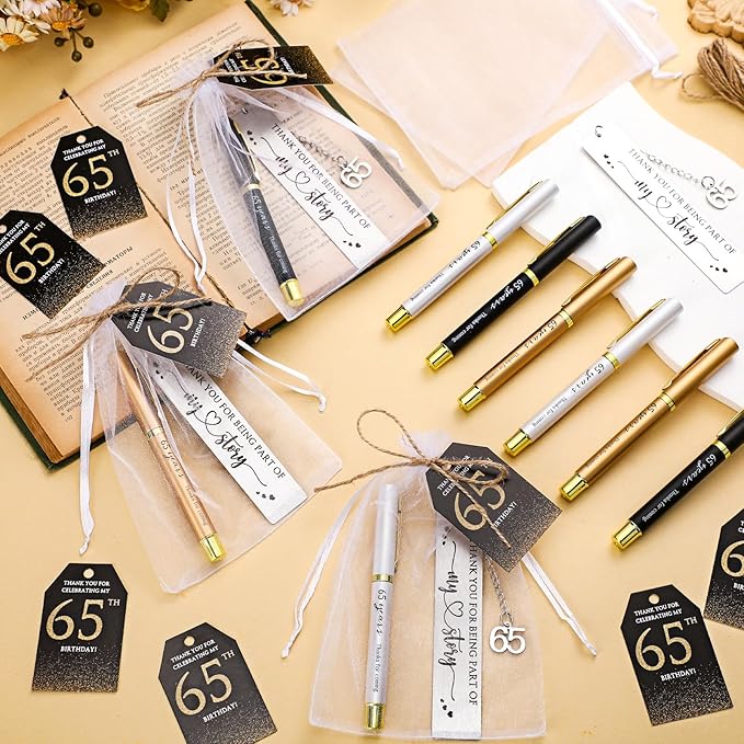 25 Sets Birthday Favors for Guests 25 Thanks for Coming Ballpoint Pens 25 Bookmarks 25 Cards with Organza Bag for Adult Birthday Anniversary Party Souvenir(Metal-60th)
