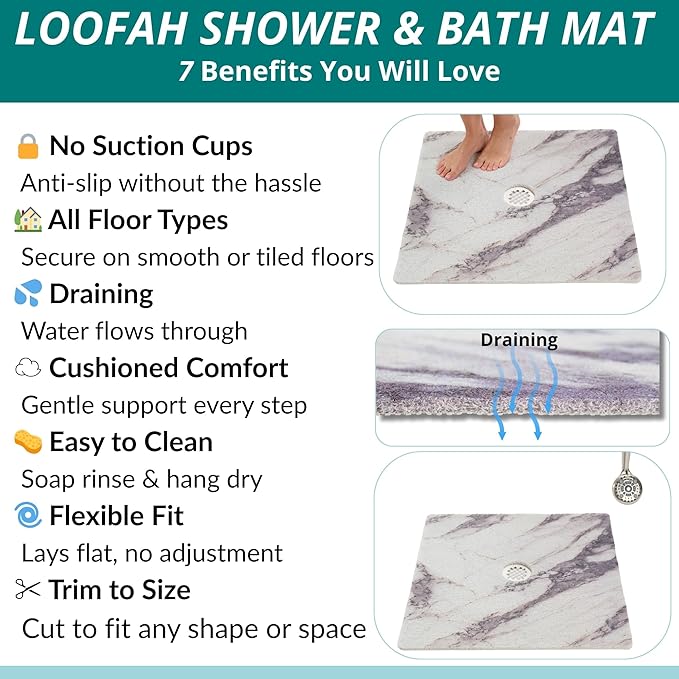 Enkosi Loofah Shower Mat with Drain Hole – Cushioned Anti-Slip Square Bath Mat for Showers, Wet Bathroom Floors – Textured PVC, Secure Non Slip Safety Pad for Walk-in Stalls (27x27 Marble Grey)