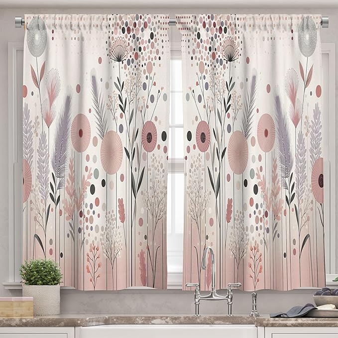Ambesonne Pastel Valance & Tier Curtain 3 pcs Set, Pastel Abstract Botanical Ornament with Halftone Dots Delicate Meadow, Window Treatments for Kitchen Room Decor, 55" x 36", Blush Lilac and Eggshell