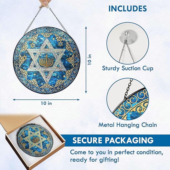 FLAGWIX Hanukkah Gifts for Women Men - Star of David Stained Glass Window Hanging 10 in - Hanukkah Sun Catcher Hanging Decor, Chanukah Suncatchers for Garden Decor, Religious Spiritual Gifts for Mom