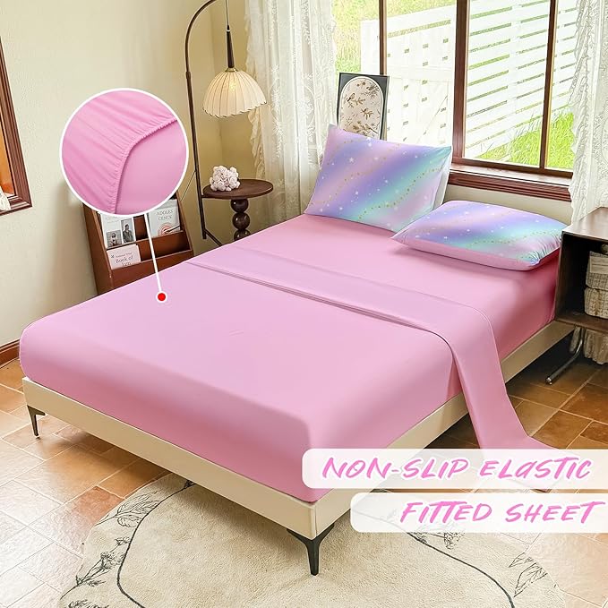 Rainbow Bedding Set Full Size – 5 Piece Reversible Girls Comforter with Deep-Pocket Sheet, Gradient Galaxy Design, Whole-Piece Filling, Machine Washable Bed-in-a-Bag for Kids Room Makeover & Gifts