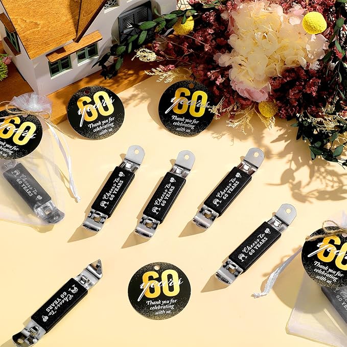 25 Sets 60th Birthday Party Favors for Guests 60th Magnetic Bottle Opener Multifunctional Jar Can Opener Thank You Cards Bag with Twine for Anniversary Party Favors Wedding Shower