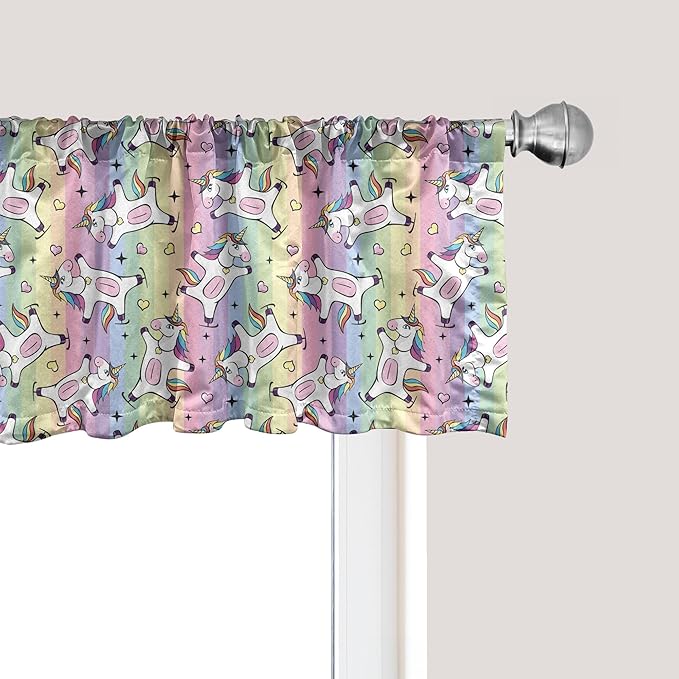 Ambesonne Rainbow Window Valance Pack of 2, Cartoon Drawing of Unicorn Ice Skating, Rod Pocket Curtain Valances for Kitchen Bedroom, 42" X 12", Pastel Purple
