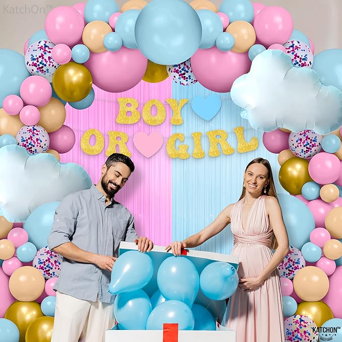 KatchOn, Gender Reveal Decorations Set - Huge, Pack of 85 | Gender Reveal Balloon Arch Kit | Pink and Blue Streamers | Boy or Girl Baby Shower Decorations | Boy Or Girl Banner, White Cloud Balloons