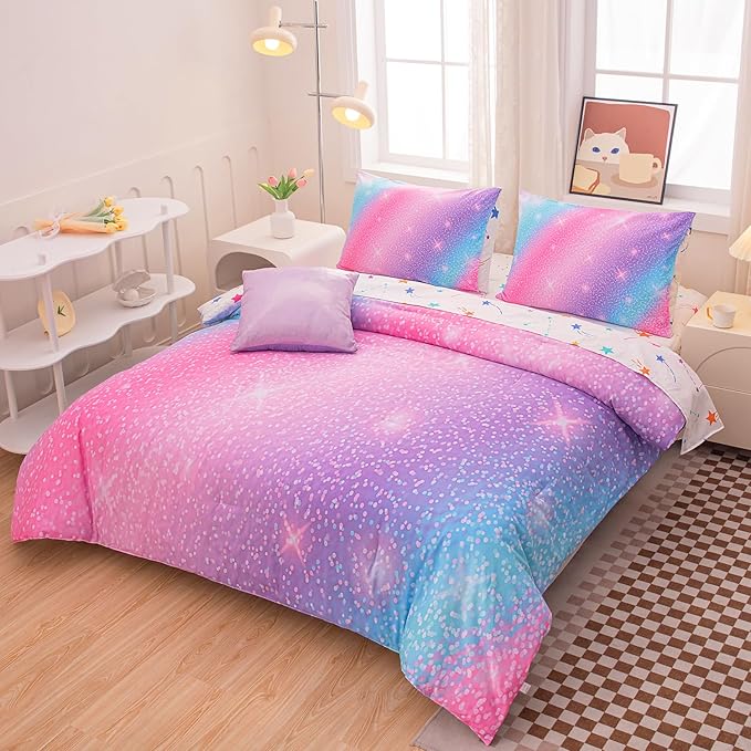 Rainbow Bedding Set Full Size – 6-Piece Reversible Girls Comforter with Deep-Pocket Sheet, Gradient Galaxy Design, Whole-Piece Filling, Machine Washable Bed-in-a-Bag for Kids Room Makeover & Gifts