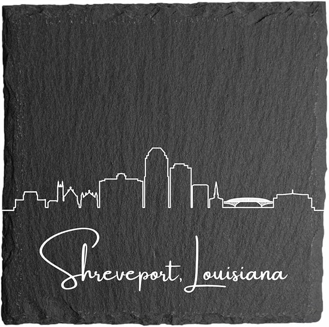 Blue Ridge Mountain Gifts - Shreveport LA Skyline Coasters, Set of 4 - Shreveport Louisiana Souvenir, Slate Coasters with Minimalist Skyline, Housewarming Gift for Friends, Family, & Neighbors