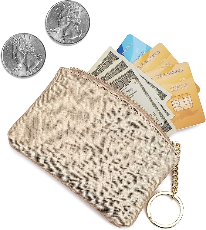 WOZEAH Artificial Leather Coin Purse Change Purse With Key Chain Ring Zipper For Men Women (Gold)