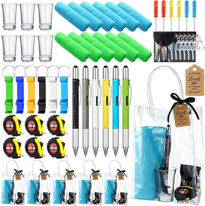 Leinuosen 6 Sets Baby Shower Game Prizes for Men with Cleaning Cloth Bottle Opener Screwdriver Tape Measuring Keychain Multi Tool Pen Gift Bag Funny Baby Shower Prizes for Winner