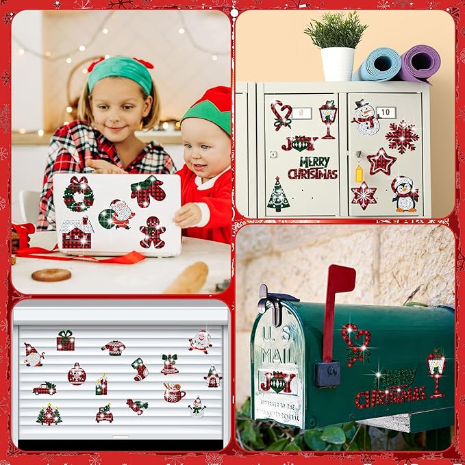 30 Pcs Christmas Diamond Art Magnets Kits DIY Buffalo Plaid Diamond Art Fridge Magnetic Stickers Xmas Gem Magnets for Beginners Holiday Decor Home