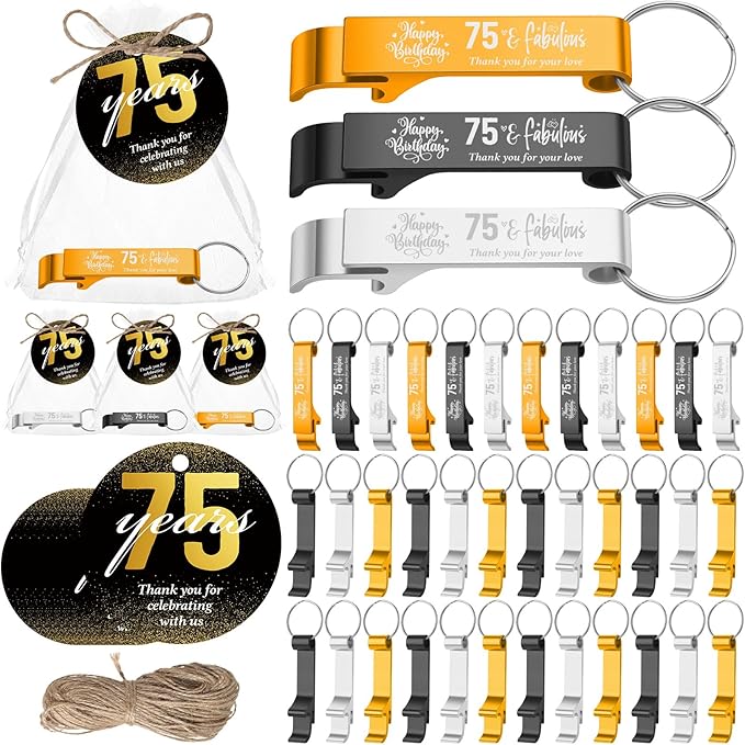 Dandat 54 Sets 75th Birthday Party Favors for Guests Birthday Beer Opener Keychain Cheers to 75 Bottle Opener Keychain with Thank You Cards and Gift Bags for Anniversary Wedding Party Favors