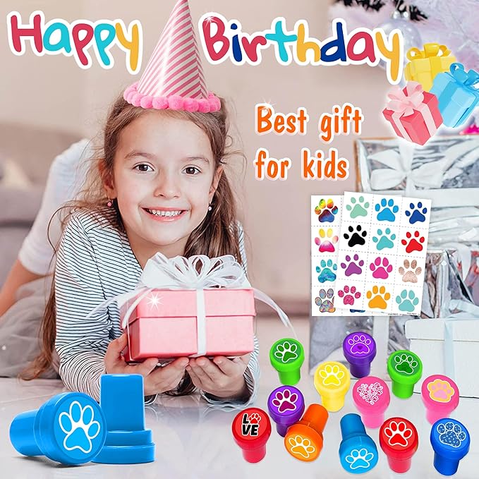 36PCS Paw Print Party Favors - 24PCS Temporary Tattoos & 12PCS Stamps - Ideal Dog Cat Pet Themed Birthday Card Decorations Supplies Goodie Bag Cute Rewards for Boys Girls Classroom Gifts Baby Shower