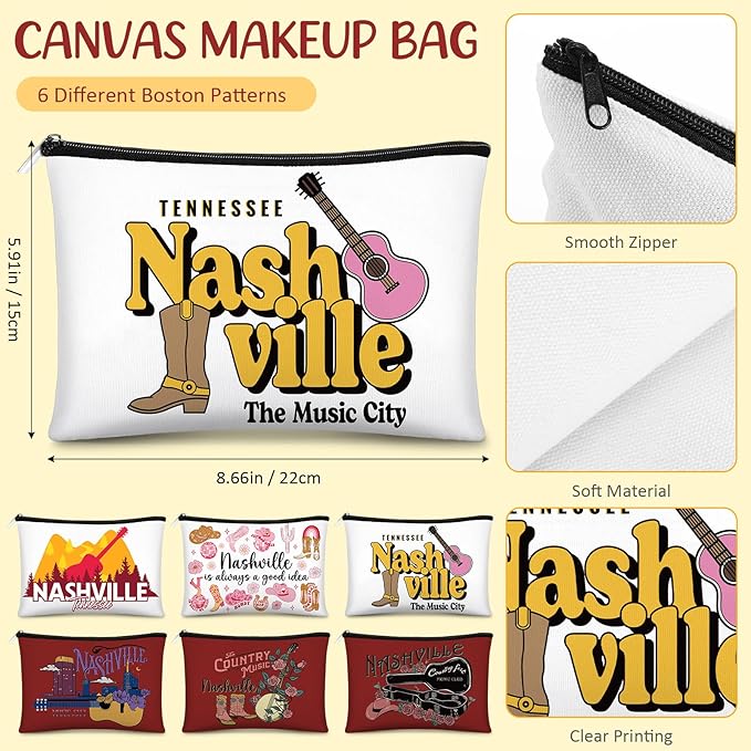 Reginary 6 Pcs City Cosmetic Bag Souvenir Gifts New York Zipper Pouch Chicago Souvenir Seattle Boston Nashville London Paris Italy Alaska Gifts Memento for Women Traveler(Nashville)