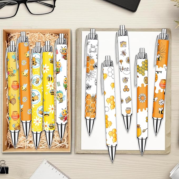 Idealmuzik Bee Pens Set – Cute Yellow & White Bumblebee-Themed Gel Pens for Teens, and Adults – Fun Bee Stationery for School, Office, Journaling, and Gift Giving, 10 Pack