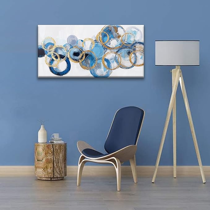 Suconvng Canvas Wall Art Decor Artwork Modern Paintings Abstract Wall Decor Maximalist Blue Gold Circle Abstract Wall Art Prints Picture For Bedroom Kitchen Office Artwork Ready To Hang 20" × 40"