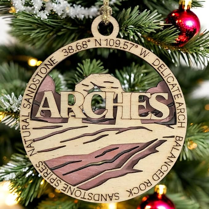 Arches National Park Christmas Ornament - 3" Handcrafted Wood, Laser Cut 2-Layer Design with Color Scene - Utah Gift, Made in USA
