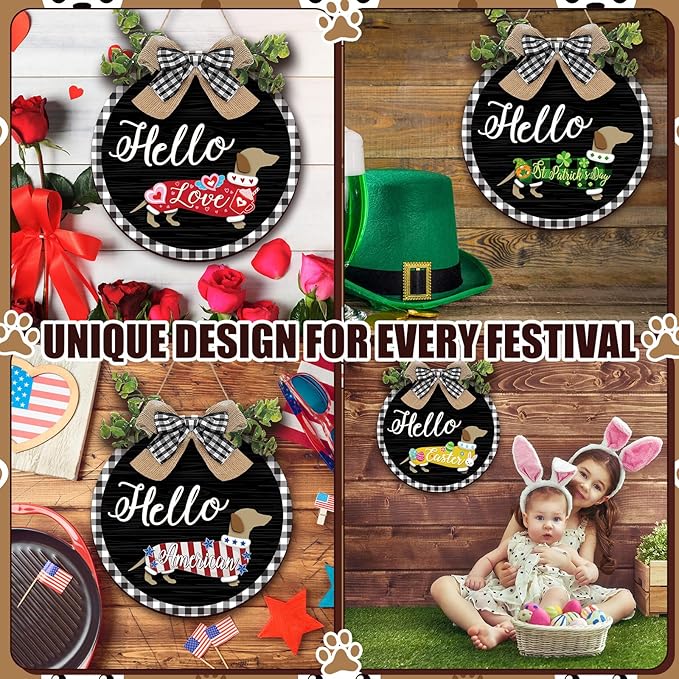 Glenmal 16 Pcs Seasonal Dachshund Door Decor for All Season and Holiday Hanging Cute Christmas Dachshund Welcome Sign Rustic Wooden Farmhouse Front Door Signs Outdoor(Black with Plaid Frame)