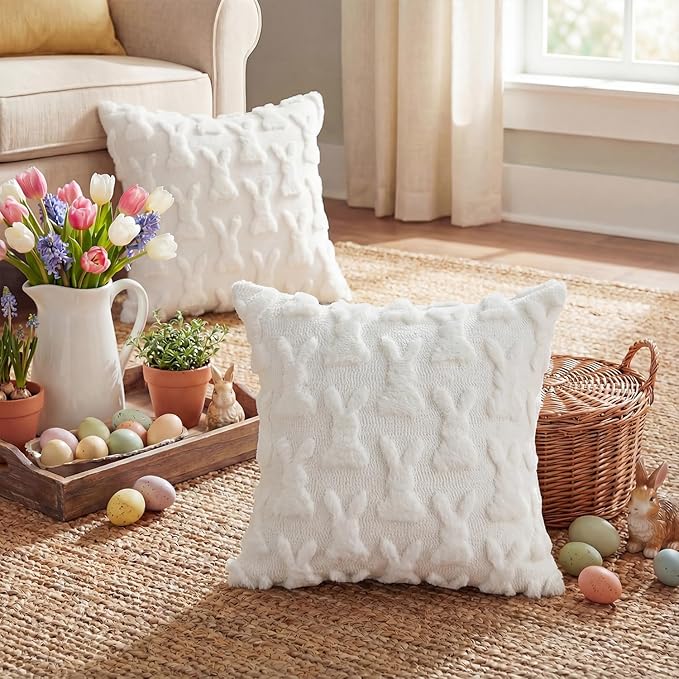 AVOIN colorlife Easter Rabbits Cream White Throw Pillow Covers, 18 x 18 Inch Bunny Soft Plush Faux Fur Jacquard Cushion Case Decoration for Sofa Couch Set of 2