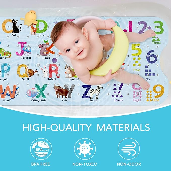 SHUCHING Baby Bath Mat for Tub Non Slip-40 X 16 Inch, Extra Long Kids Bathtub Mat Mold Free, Cartoon Bathtub Shower Mat Anti Slip for Bathroom, Machine Washable, Alphabet
