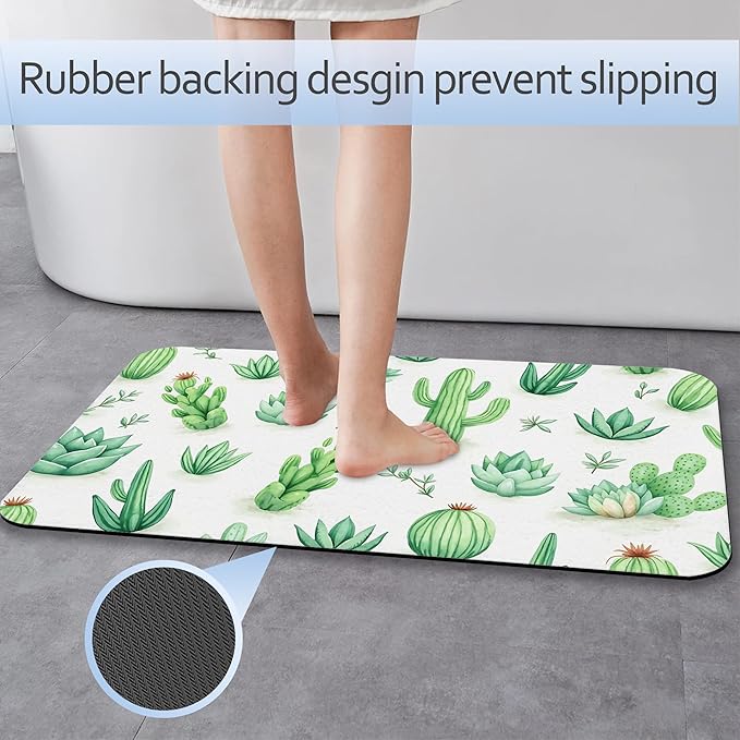 Cactus Succulent Bathroom Mat, Non-Slip Rubber Backing Thin Low-Profile Bath Rug, Easy-Clean Bathroom Floor Mat for Shower, Bathtub, Kitchen, or Entryway
