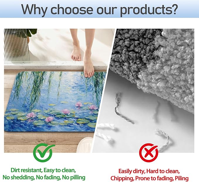 Bathroom Rug 29.5"x17", Claude Monet Water Lilies Bath Mat with Non-Slip Rubber Backing, Quick-Drying Absorbent Thin Floor Mat for Bathroom, Shower, Sink, or Kitchen