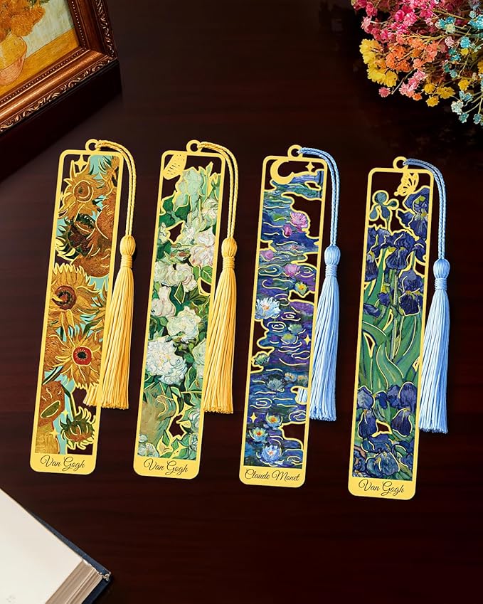 4 Pieces Metal Bookmarks with Tassel, Golden Hollow Bookmark Oil Painting Van Gogh Monet Theme Book Mark Bookmarks for Book Lovers Writers Readers Children Teens Men Women Adults