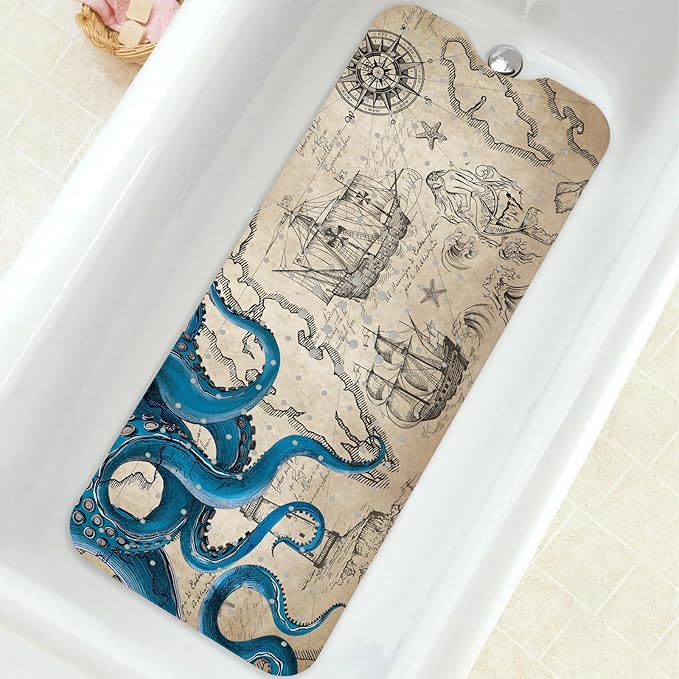 Bathtub Mat Non Slip, Octopus Extra Long Bath tub Mat Shower Floor Mat with Suction Cups and Drain Holes for Adults Kids Elderly 40 X 16 Inch
