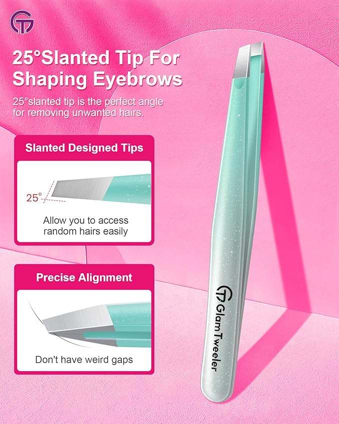 Expert Slant Tip Tweezers with Leather Case, GlamTweeler Sharp & Precision Stainless Steel Tweezer for Eyebrows, Facial Hair and Fine Hairs Removal (Sparkle Mint Green & Silver)