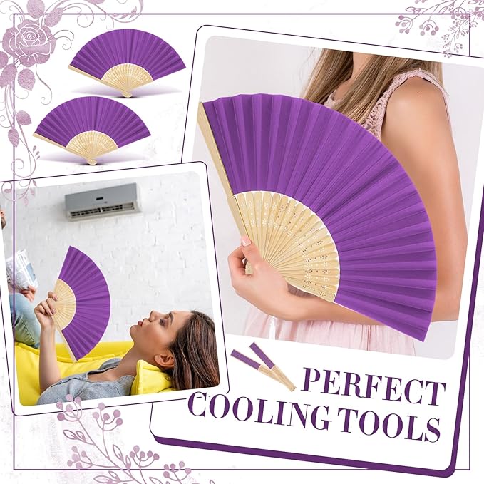 Yinkin 24 Pack Folding Fans Bamboo Handheld Folded Craft Hand Japanese Chinese Fans for Weddings Bridal Dancing Church DIY Decoration Women Gift Party Favors (Purple)
