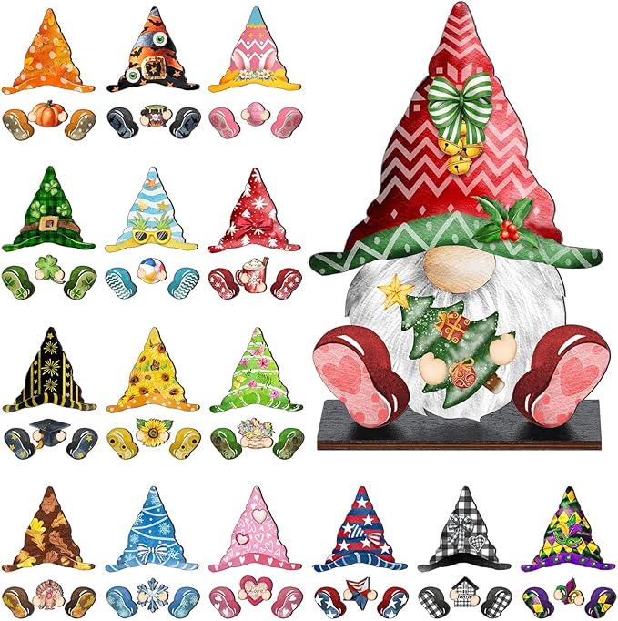 Blulu 34 Pcs Christmas Interchangeable Wooden Gnome Decor DIY Holiday Christmas Seasonal Tiered Tray Decoration Gnomes with Magnet Pieces Welcome Sign for Xmas Holiday Decorations (Vivid)