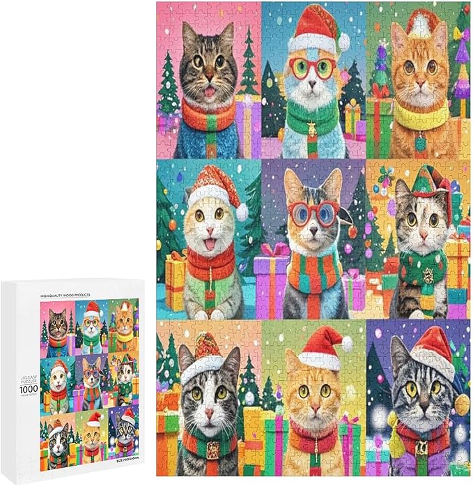 Wooden Puzzle 1000 Pieces Adult - Christmas Cat Puzzle Christmas Puzzles, Holiday Puzzles, Family Toys, Party Games, Jigsaw Puzzle Challenge and Funny